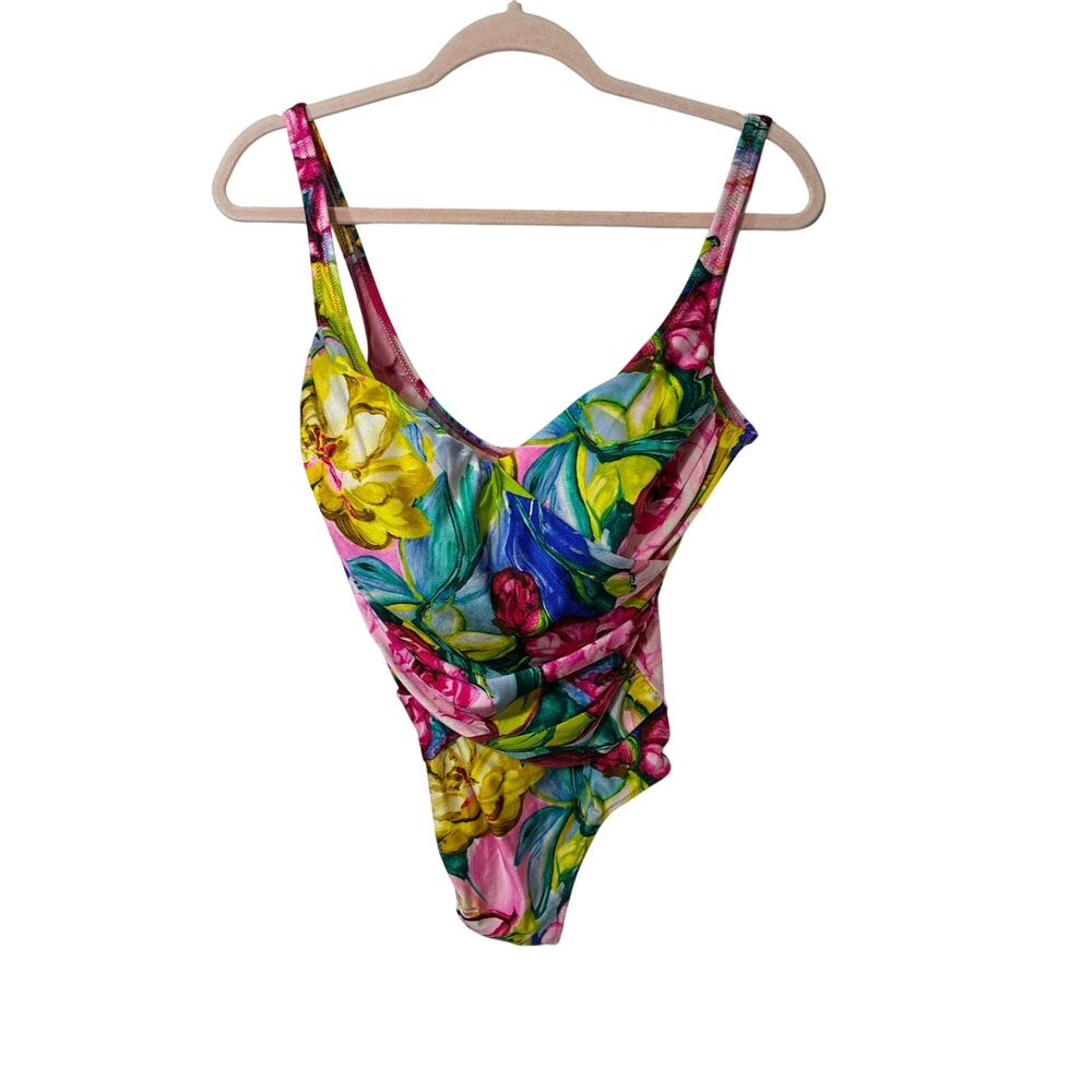 Vintage Gottex Floral Ruched One Piece Swimsuit Tropical Watercolor Maillot M - Picture 2 of 6